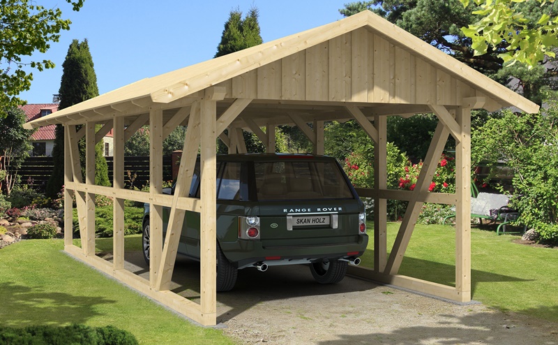 Skan Holz Fachwerk-Carport Schwarzwald, Konstruktionsvollholz, 424 x 772 cm, mit Dachschalung