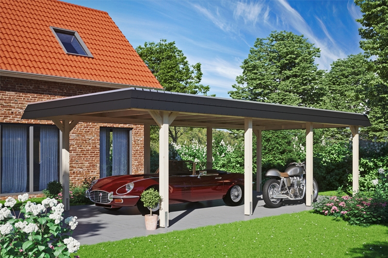 Skan Holz Walmdach-Carport Wendland, Leimholz, 409 x 870 cm, Aluminium-Dachplatten