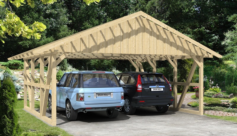 Skan Holz Fachwerk-Carport Schwarzwald, Konstruktionsvollholz, 684 x 600 cm, mit Dachlattung