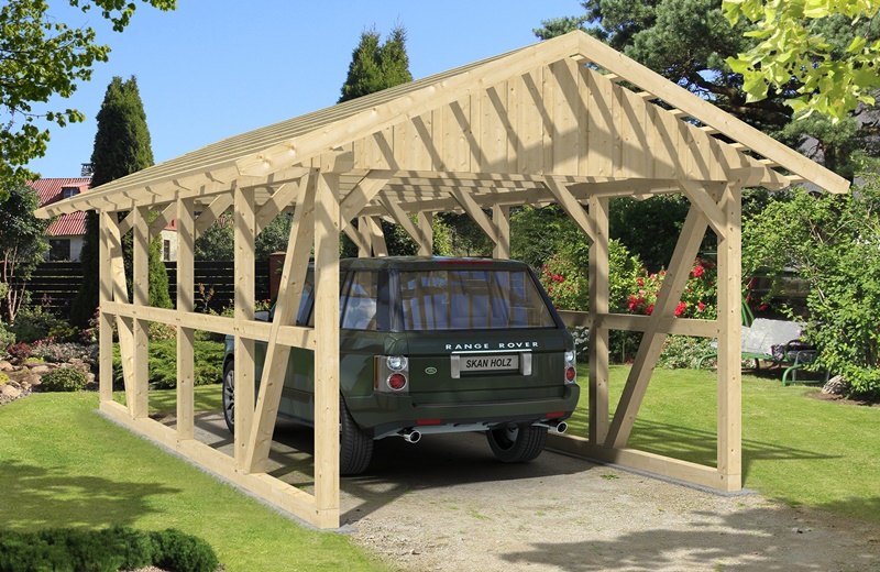 Skan Holz Fachwerk-Carport Schwarzwald, Konstruktionsvollholz, 424 x 772 cm, mit Dachlattung