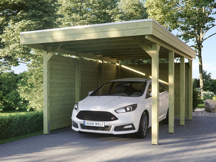 Skan Holz Flachdach-Carport Friesland 314 x 555 cm, Aluminium-Dachplatten, mit Seiten- und Rückwand