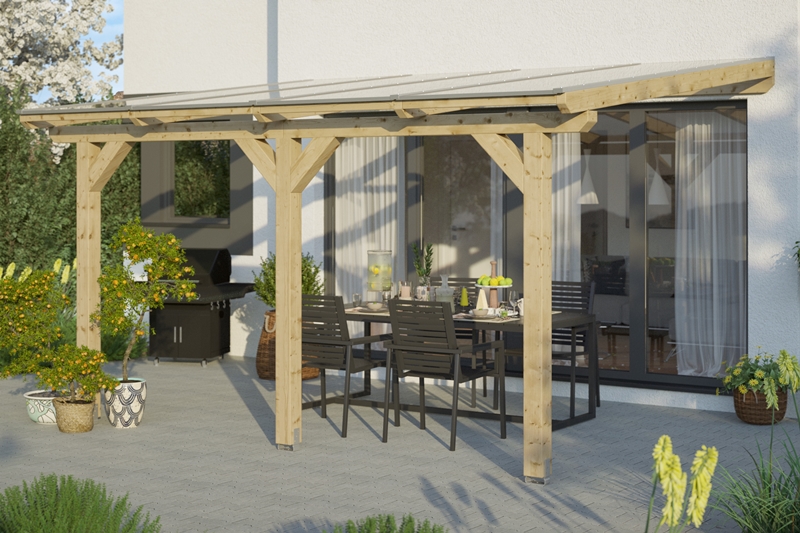Skanholz_Terrassenueberdachung_Andria_Breite_434_unbehandelt5cdfe0bb09d43 Abgebildete Gartenmöbel und Dekoration nicht im Lieferumfang enthalten.