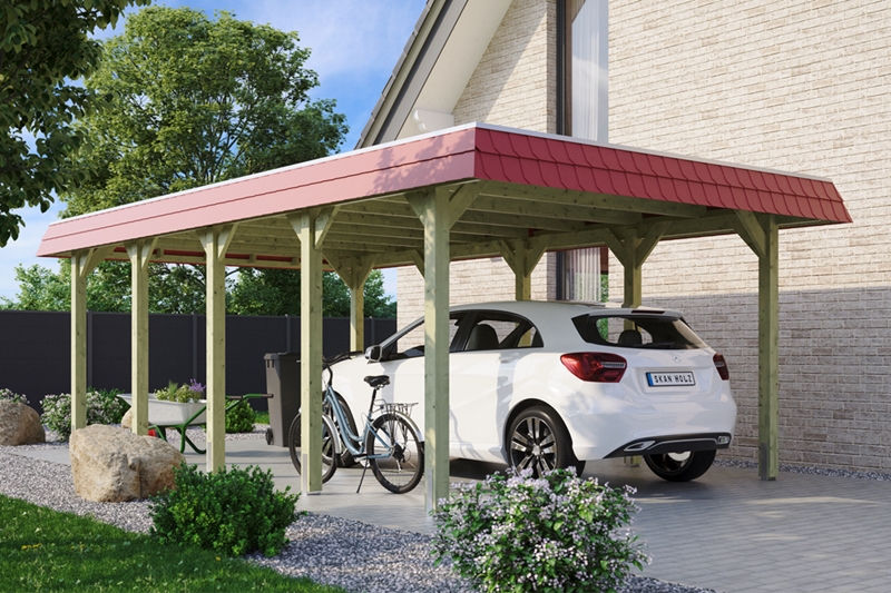 Skan Holz Walmdach-Carport Spreewald, Nadelholz, 396 x 741 cm, imprägniert, rote Blende