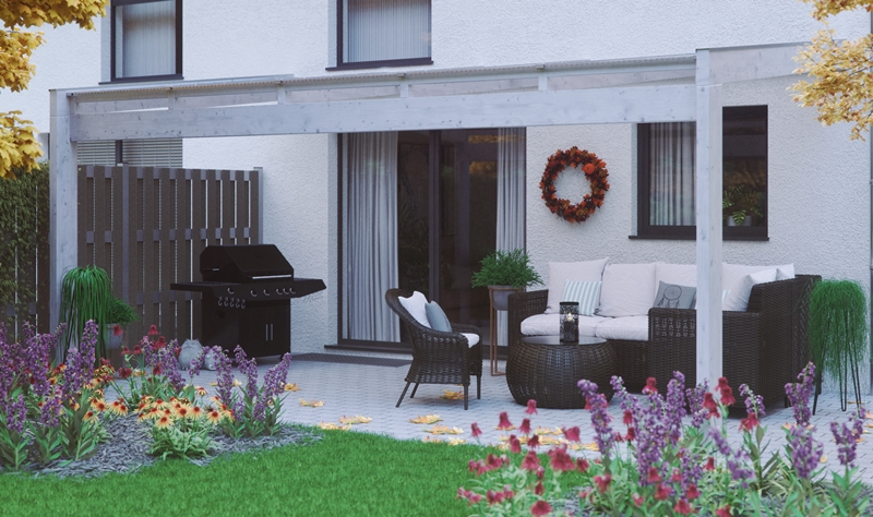 Abgebildete Gartenmöbel und Dekoration nicht im Lieferumfang enthalten.