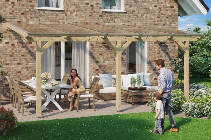 Skanholz_Terrassenueberdachung_Andria_Breite_541_unbehandelt5cdfe26f34959 Abgebildete Gartenmöbel und Dekoration nicht im Lieferumfang enthalten.