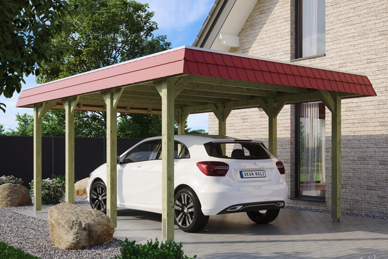 Skan Holz Walmdach-Carport Spreewald, Nadelholz, 396 x 589 cm, imprägniert, rote Blende