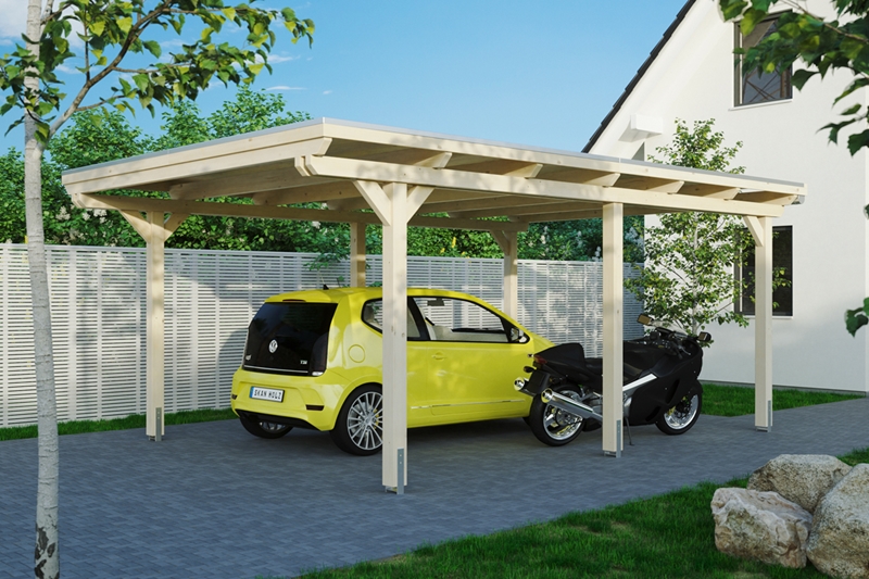 Skan Holz Flachdach-Carport Emsland, Leimholz, 404 x 604 cm, Aluminium-Dachplatten