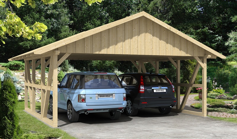 Skan Holz Fachwerk-Carport Schwarzwald, Konstruktionsvollholz, 684 x 600 cm, mit Dachschalung