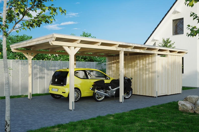 Skan Holz Flachdach-Carport Emsland, Leimholz, 404 x 846 cm, Aluminium-Dachplatten, mit Abstellraum