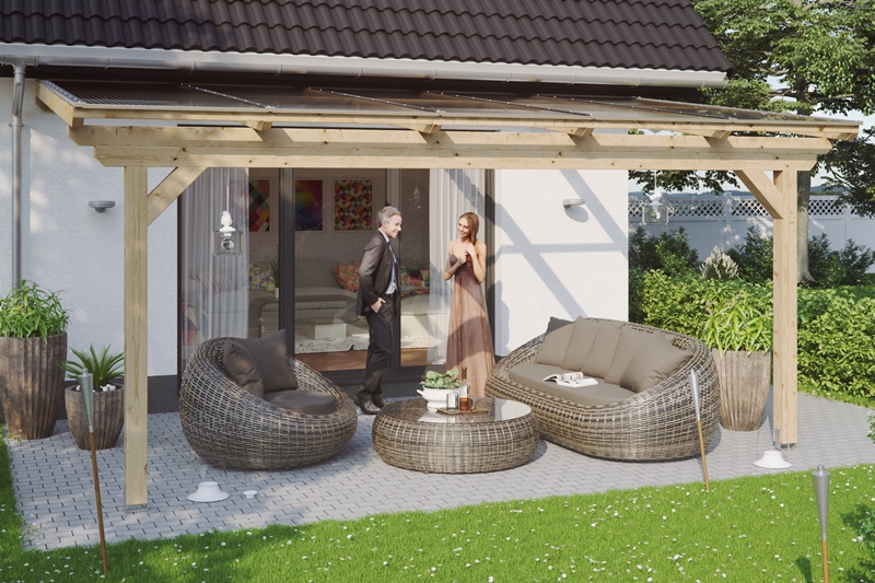 Skanholz_Terrassenueberdachung_Ancona_Breite_541_unbehandelt5ccd851cefd11 Abgebildete Gartenmöbel und Dekoration nicht im Lieferumfang enthalten.