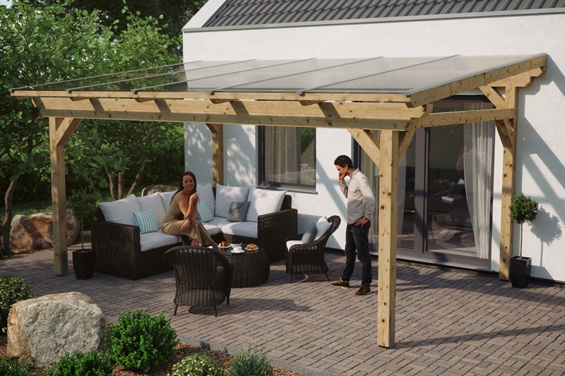 Skanholz_Terrassenueberdachung_Sanremo_Breite-541_unbehandelt5d29cd5d8f34e Abgebildete Gartenmöbel und Dekoration nicht im Lieferumfang enthalten.
