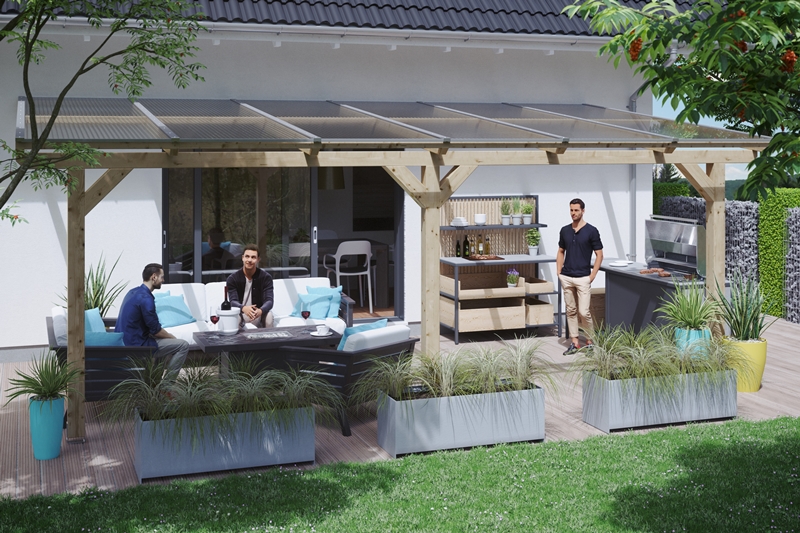 Skanholz_Terrassenueberdachung_Andria_Breite_648_unbehandelt5cdfe6d0d63cf Abgebildete Gartenmöbel und Dekoration nicht im Lieferumfang enthalten.