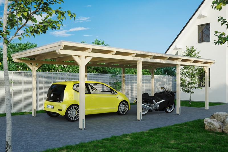 Skan Holz Flachdach-Carport Emsland, Leimholz, 404 x 846 cm, Aluminium-Dachplatten