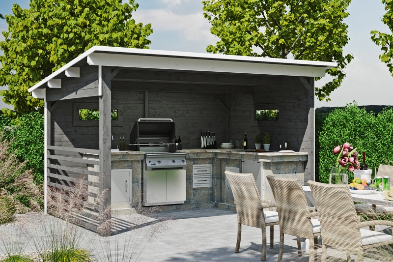 Skanholz_Unterstand_Vimmerby_schiefergrau_Image Abgebildete Gartenmöbel, Küchenausstattung und Dekoration nicht im Lieferumfang enthalten.