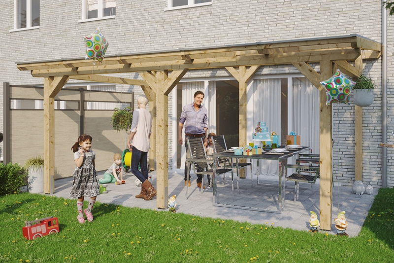 Skanholz_Terrassenueberdachung_Siena_Breite-541_unbehandelt5d29b55a413cc Abgebildete Gartenmöbel und Dekoration nicht im Lieferumfang enthalten.