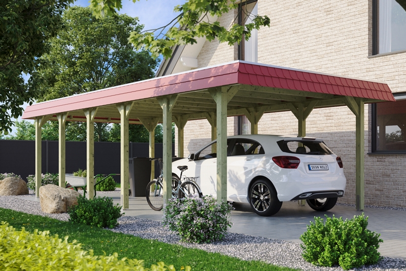 Skan Holz Walmdach-Carport Spreewald, Nadelholz, 396 x 893 cm, imprägniert, rote Blende